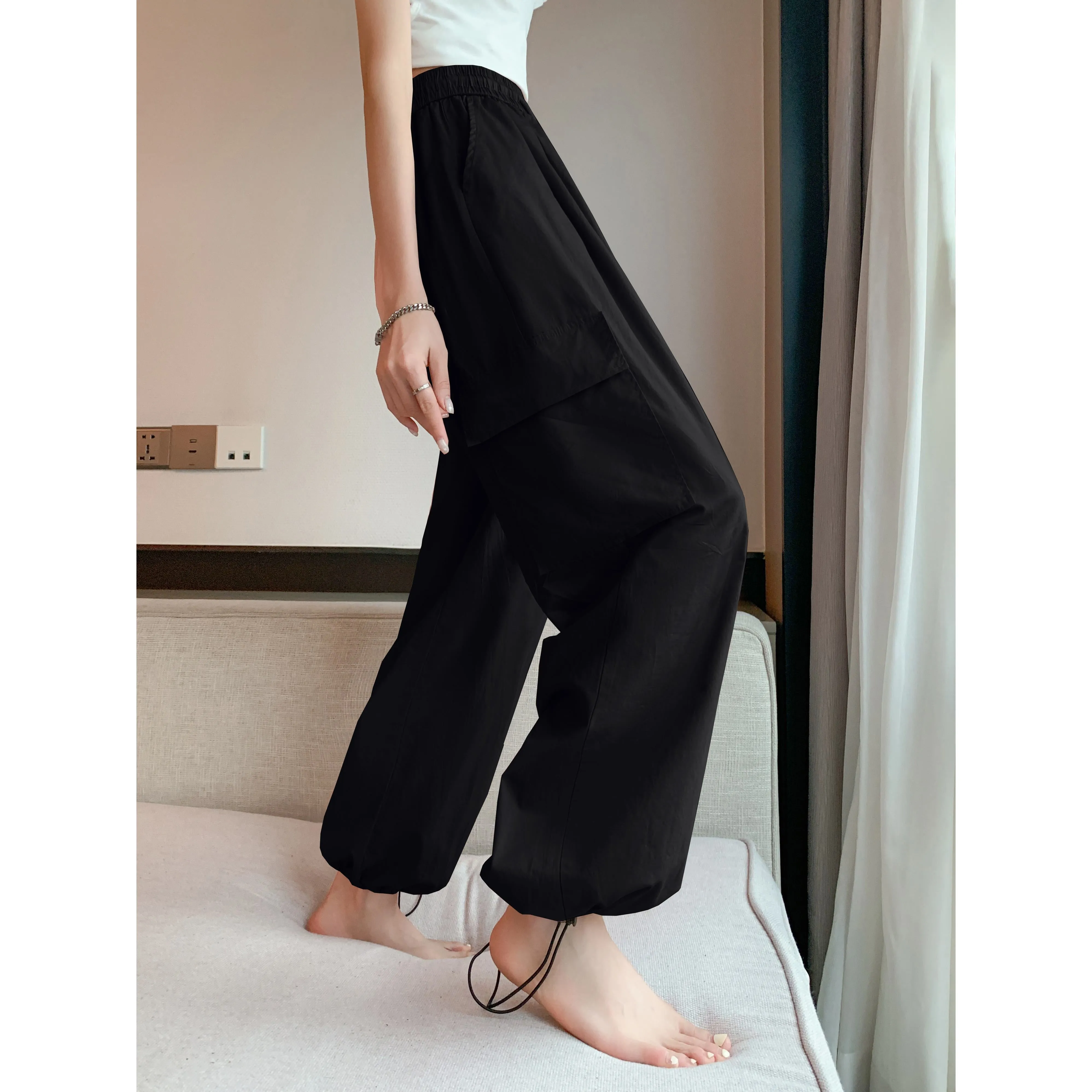 High-Waisted Straight Leg Quick-Drying Thin Sun Protection Drawstring Pants