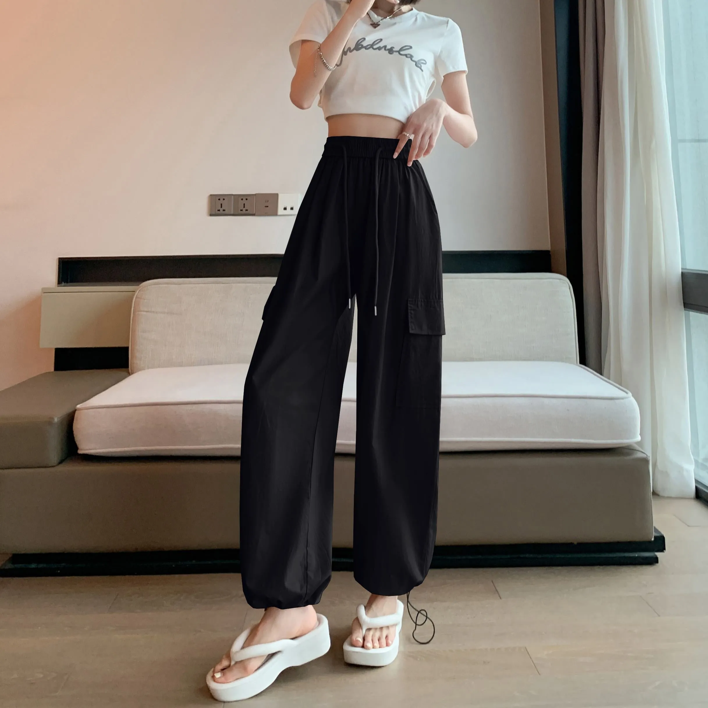 High-Waisted Straight Leg Quick-Drying Thin Sun Protection Drawstring Pants