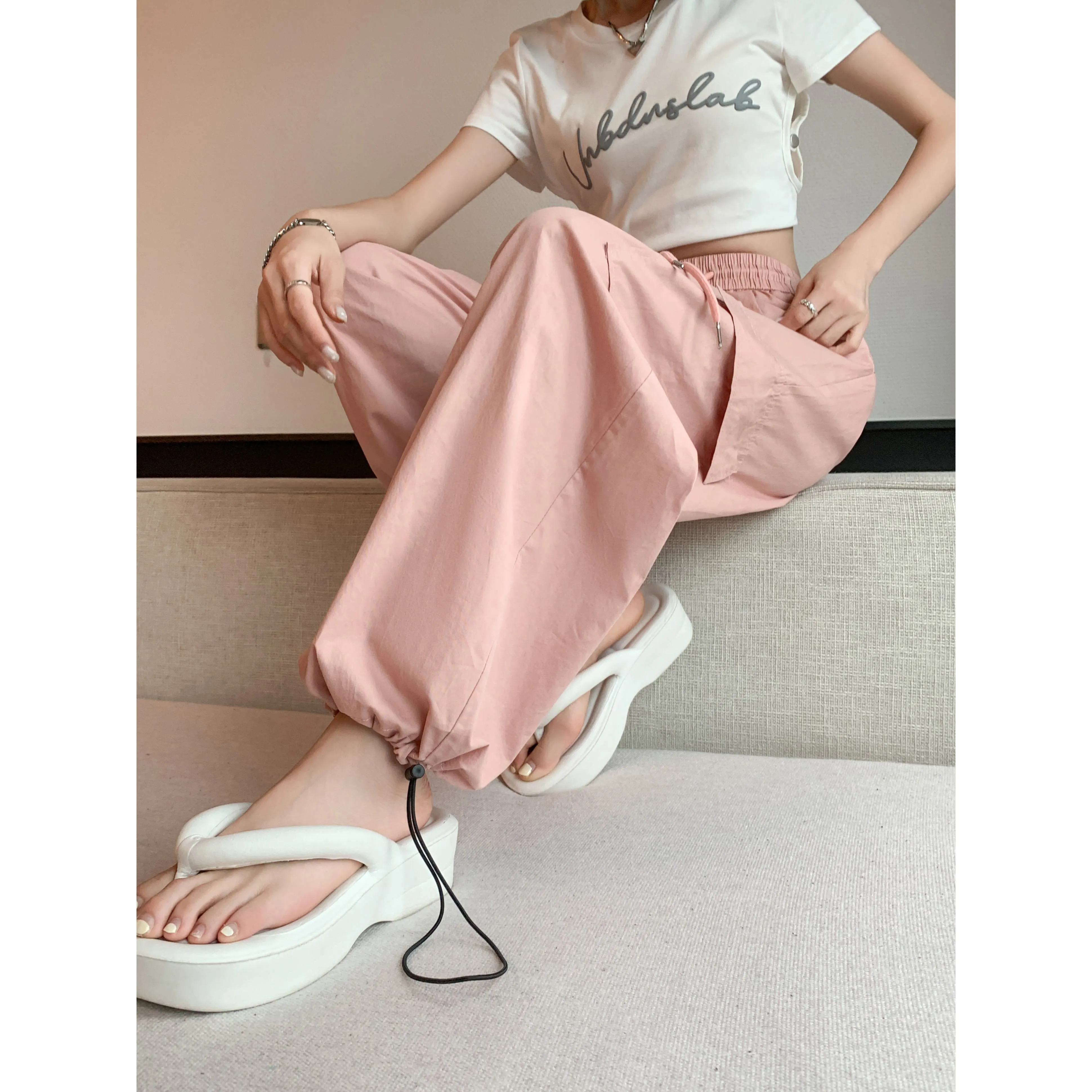 High-Waisted Straight Leg Quick-Drying Thin Sun Protection Drawstring Pants