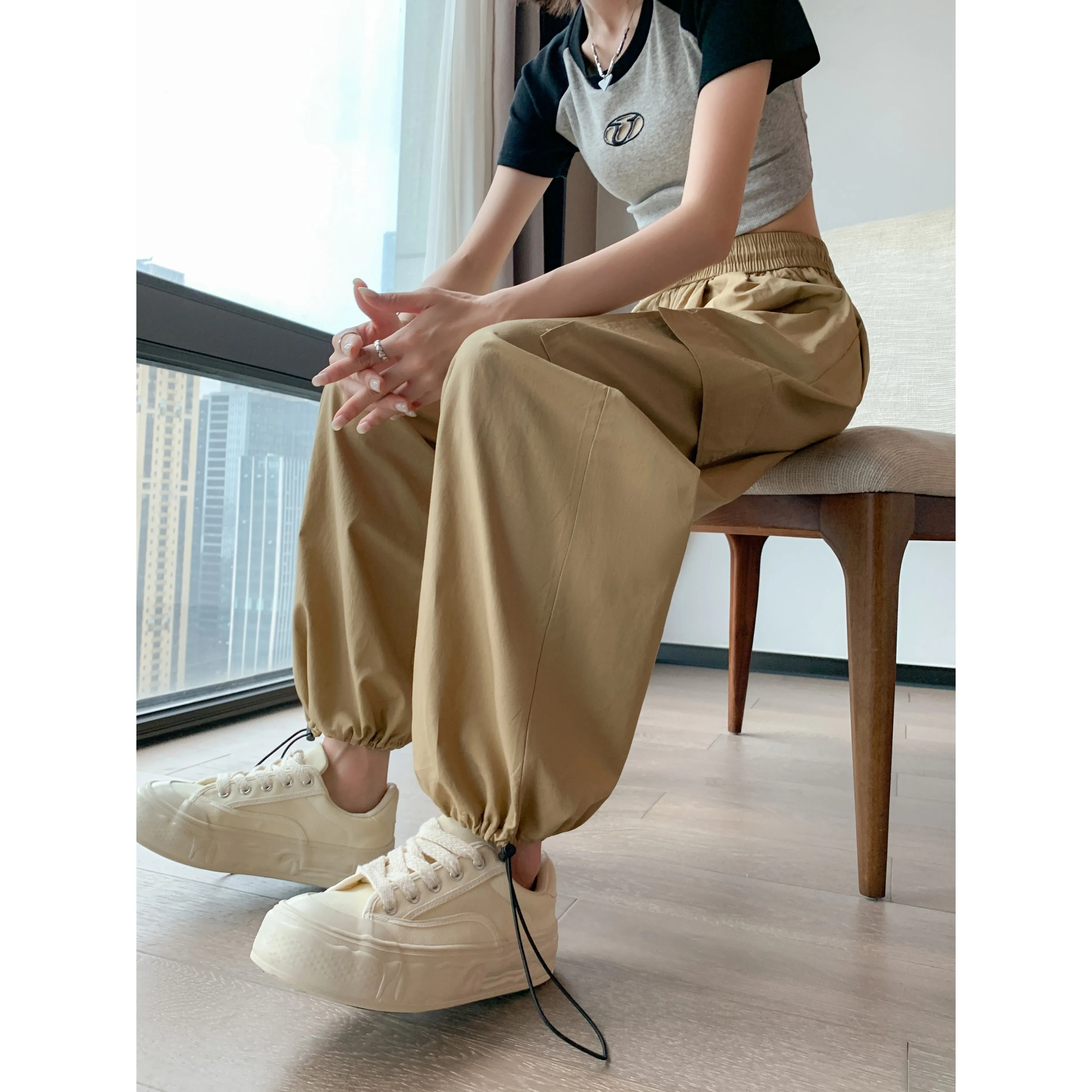 High-Waisted Straight Leg Quick-Drying Thin Sun Protection Drawstring Pants