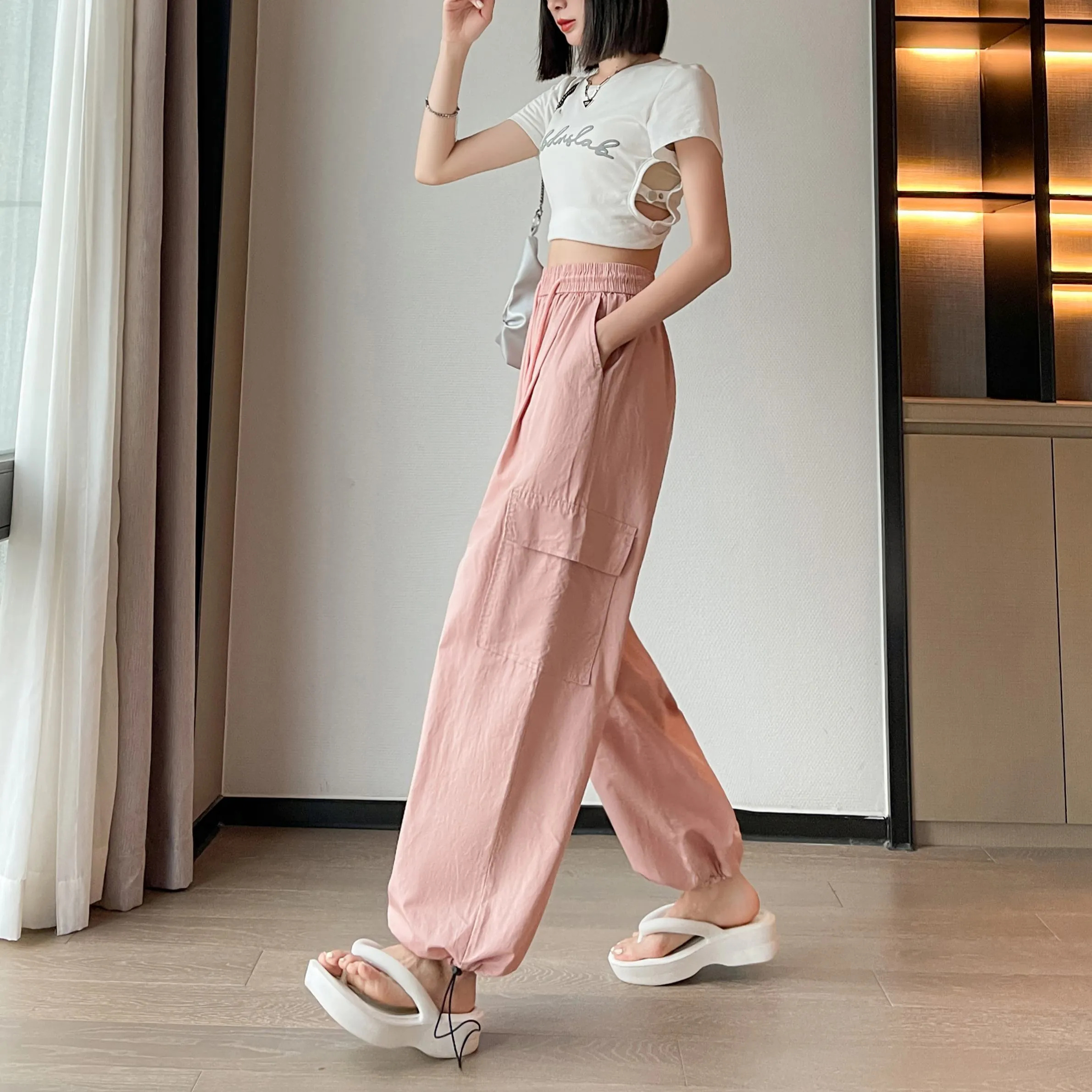 High-Waisted Straight Leg Quick-Drying Thin Sun Protection Drawstring Pants