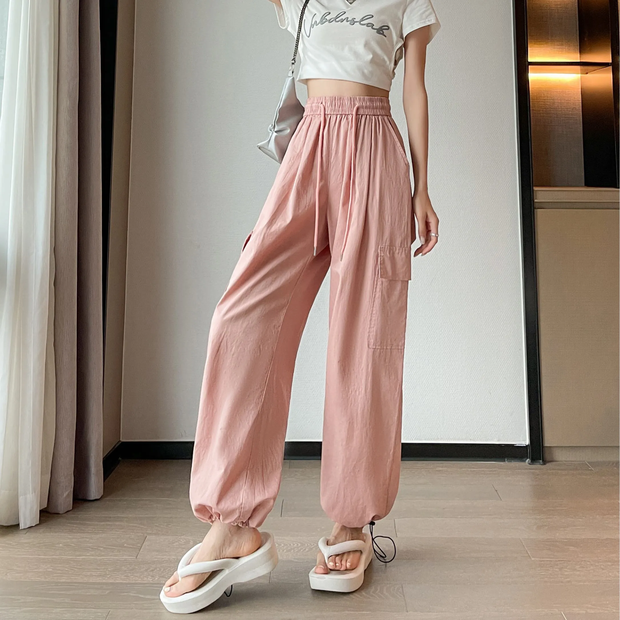 High-Waisted Straight Leg Quick-Drying Thin Sun Protection Drawstring Pants