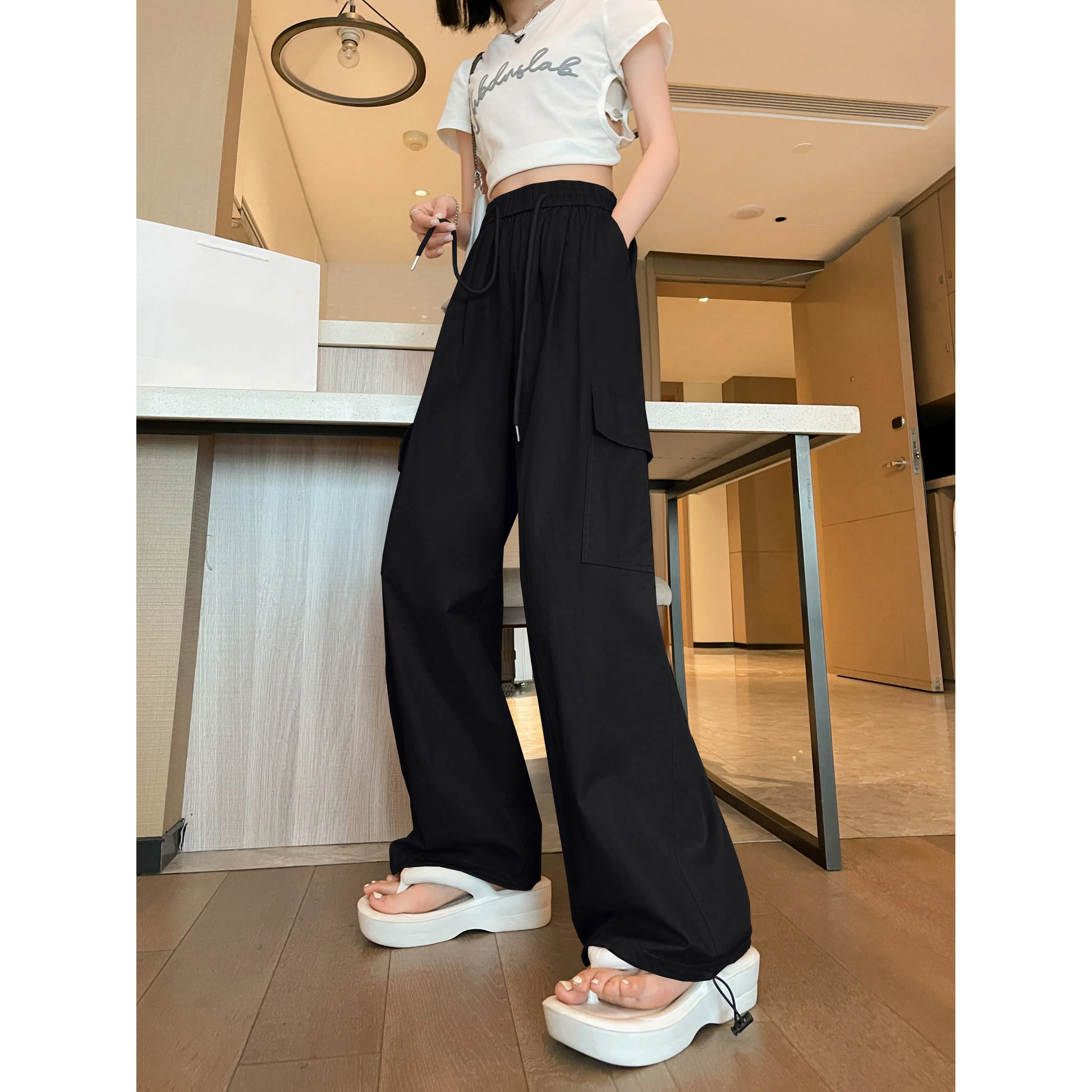 High-Waisted Straight Leg Quick-Drying Thin Sun Protection Drawstring Pants