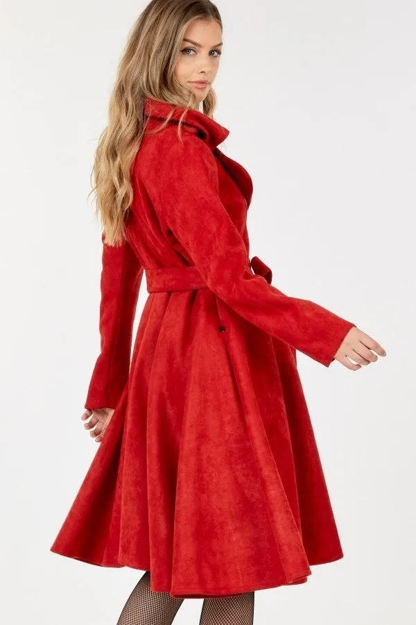 Hot Girl Drop-Red Gorgeous A-Line Suede Swing Overcoat In Red