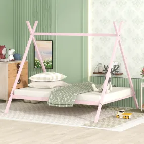 House Bed Tent Bed Frame Full Size Metal Floor Play House Bed with Slat for Kids Girls Boys , No Box Spring Needed Pink