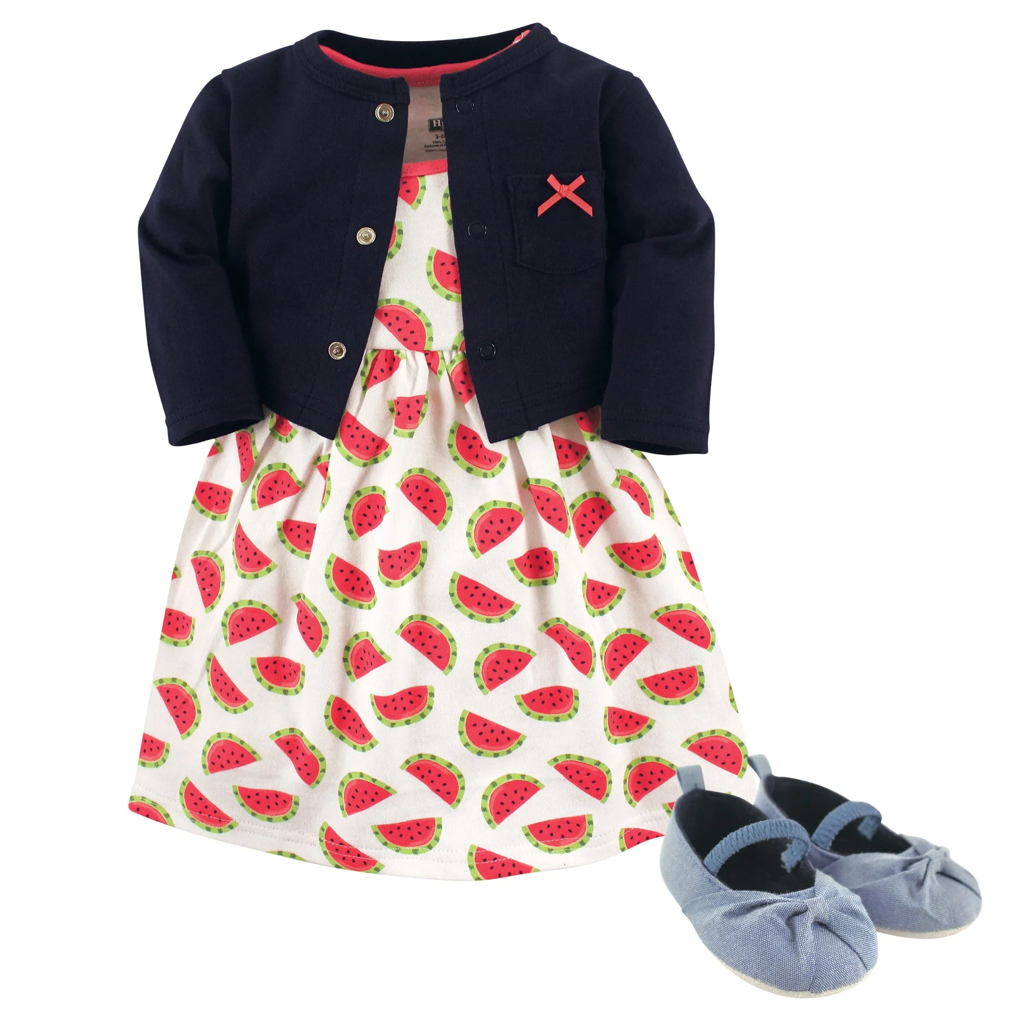 Hudson Baby Cotton Dress, Cardigan and Shoe Set, Watermelon