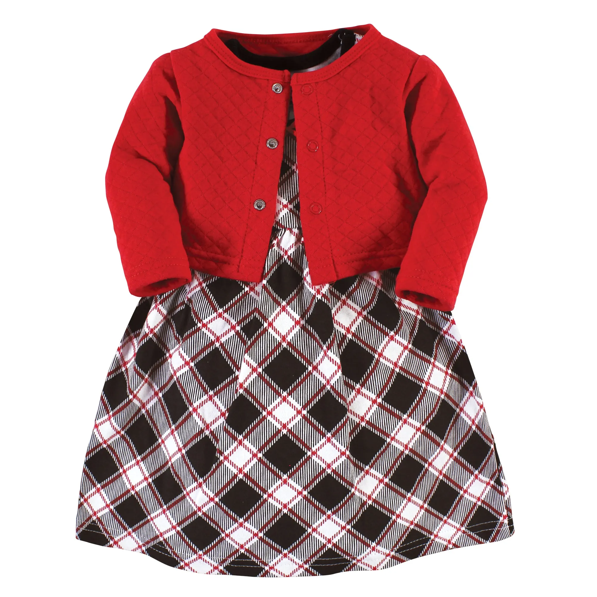 Hudson Baby Quilted Cardigan and Dress, Black Red Plaid