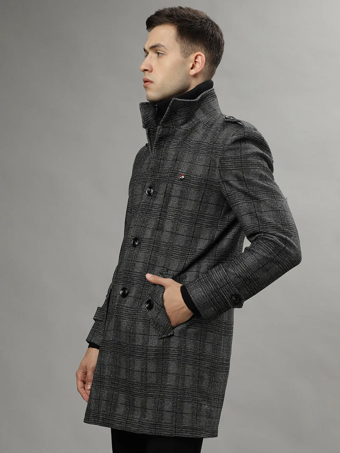 Iconic Men Black Checked Shirt Collar Full Sleeves Overcoat