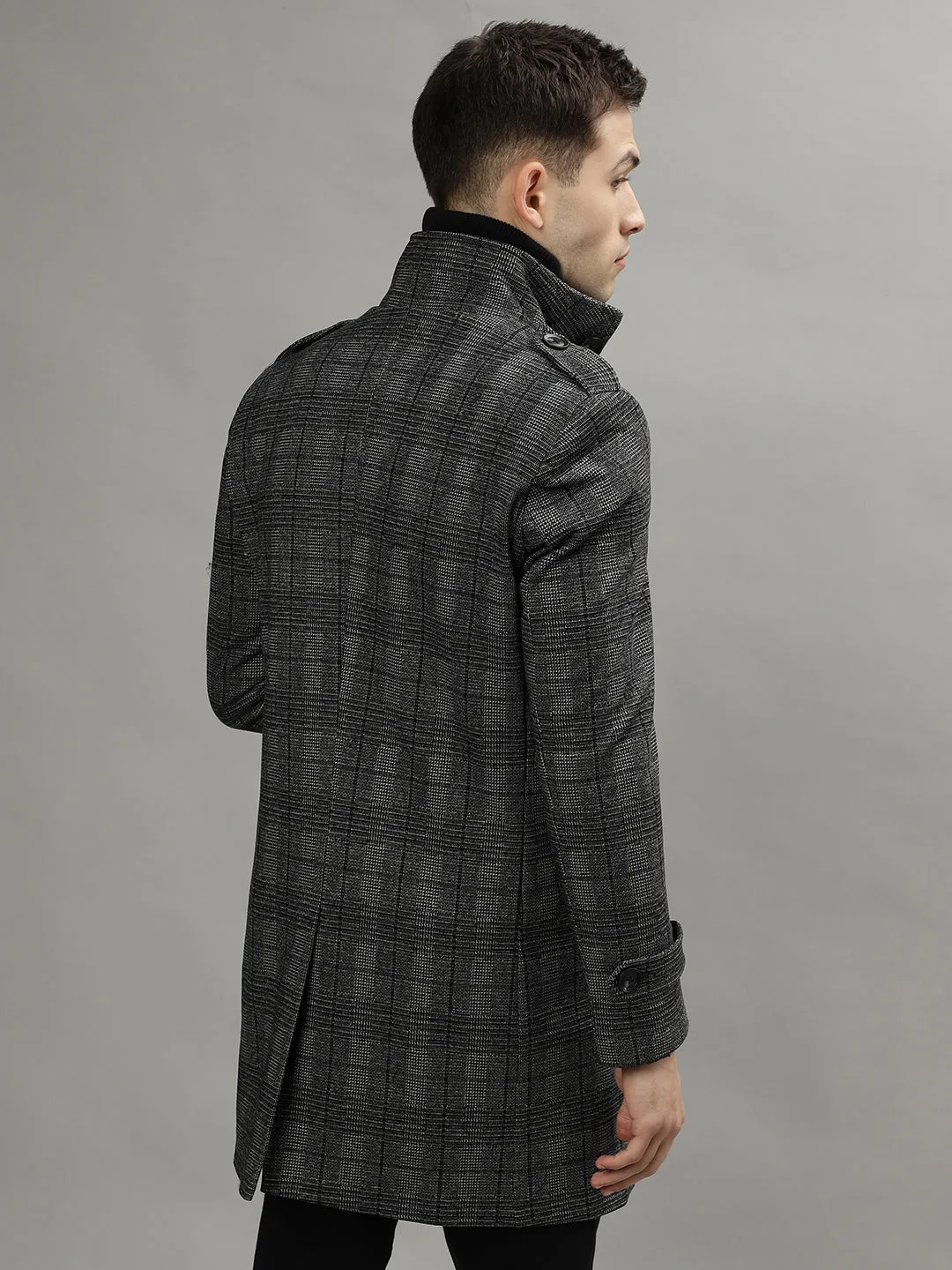 Iconic Men Black Checked Shirt Collar Full Sleeves Overcoat