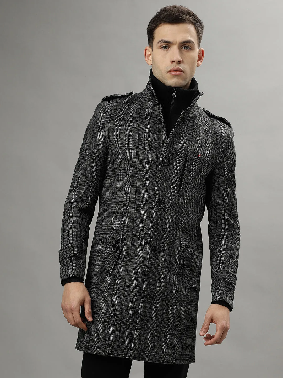 Iconic Men Black Checked Spread Collar Long Sleeves Overcoat