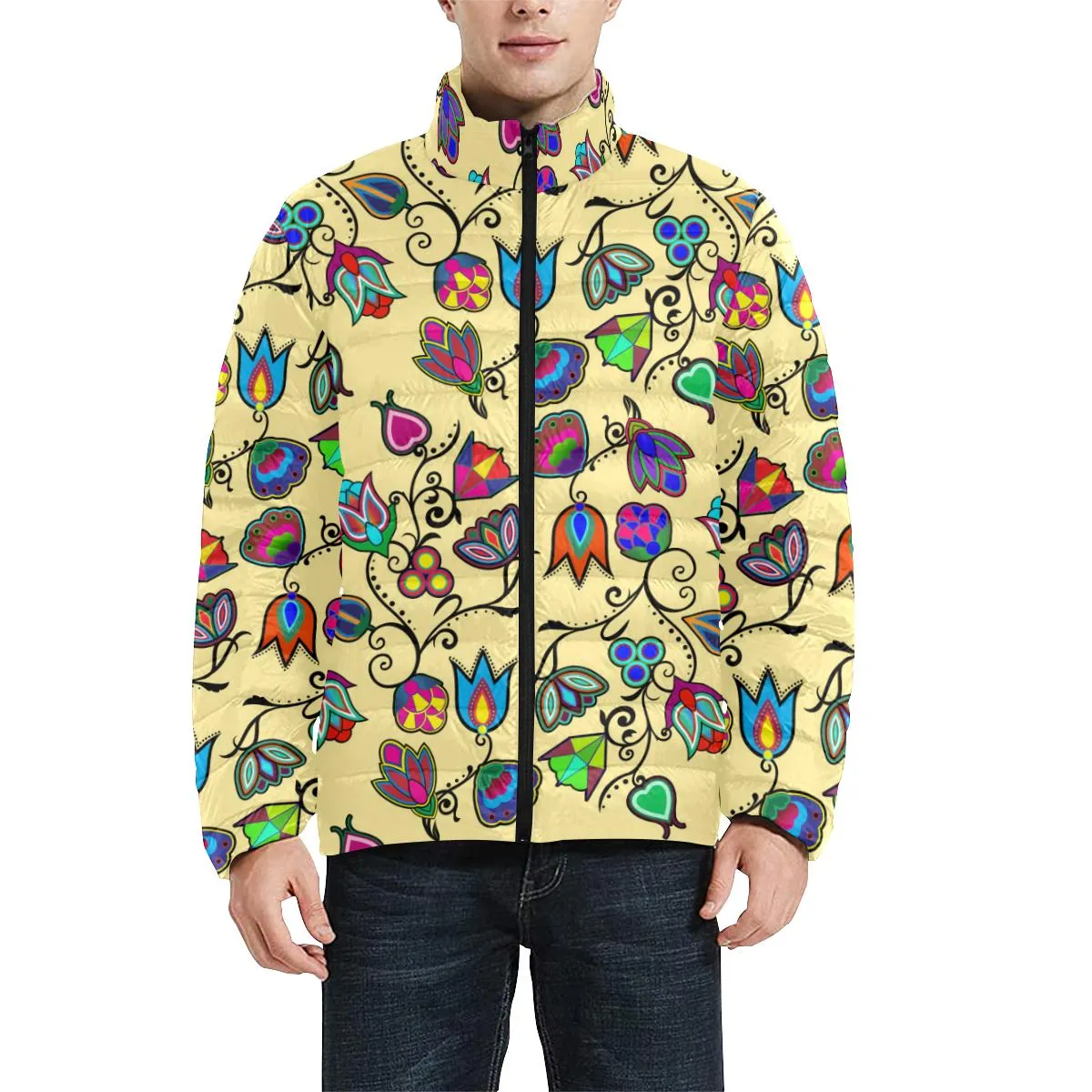 Indigenous Paisley Vanilla Men's Stand Collar Padded Jacket