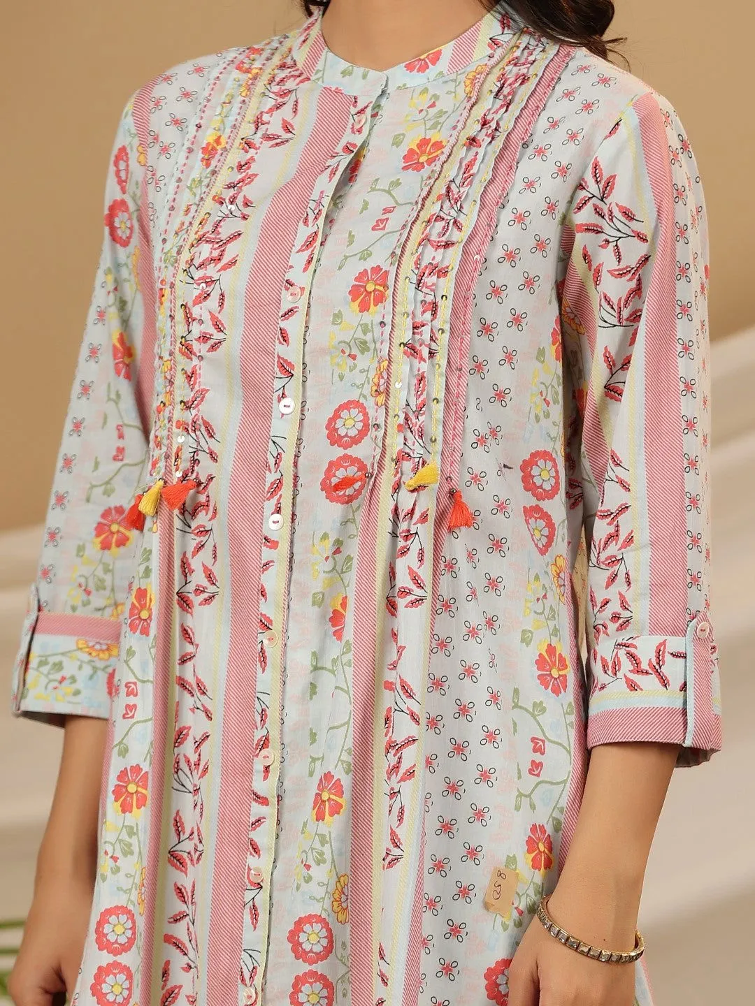 Jashvi Blue Floral Printed Cotton Cambric Kurta With Sequins Work