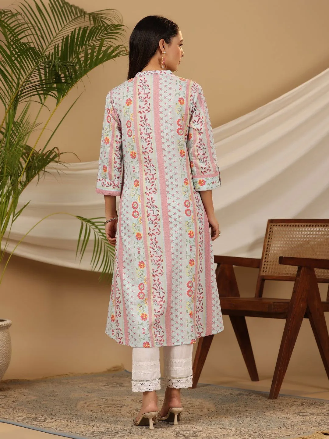 Jashvi Blue Floral Printed Cotton Cambric Kurta With Sequins Work