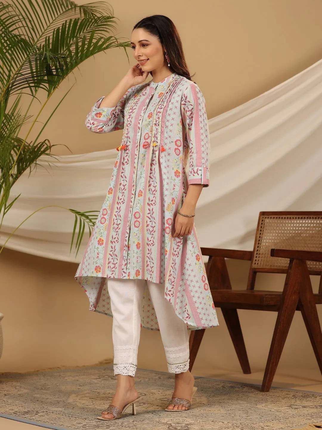 Jashvi Blue Floral Printed Cotton Cambric Kurta With Sequins Work