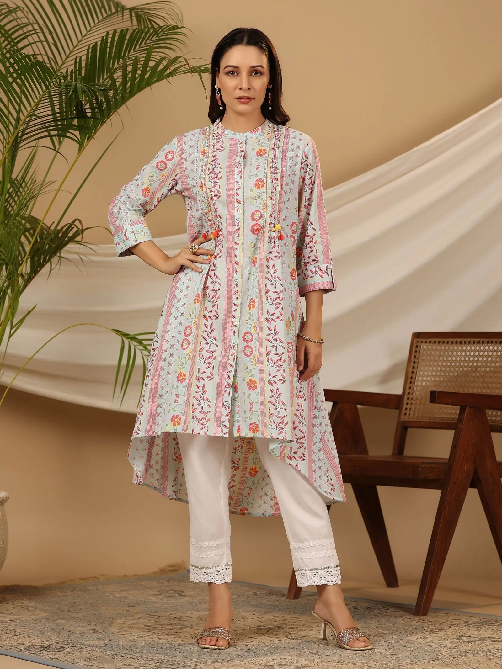 Jashvi Blue Floral Printed Cotton Cambric Kurta With Sequins Work