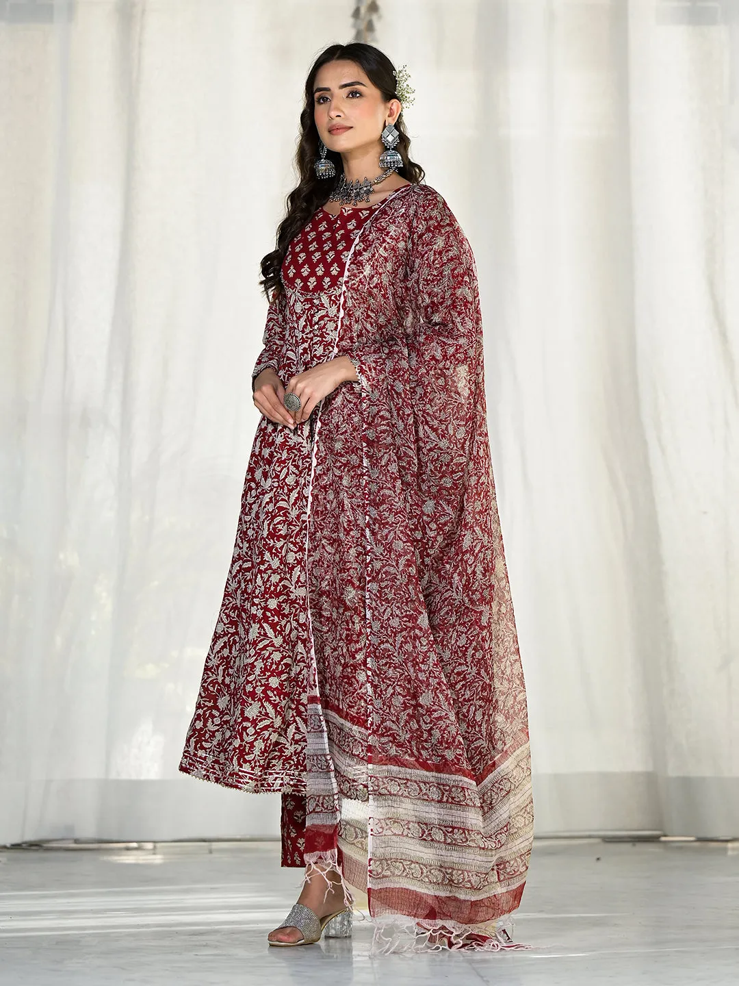 Jashvi Maroon Floral Printed Anarkali Cotton Kurta Trouser with Dupatta Set