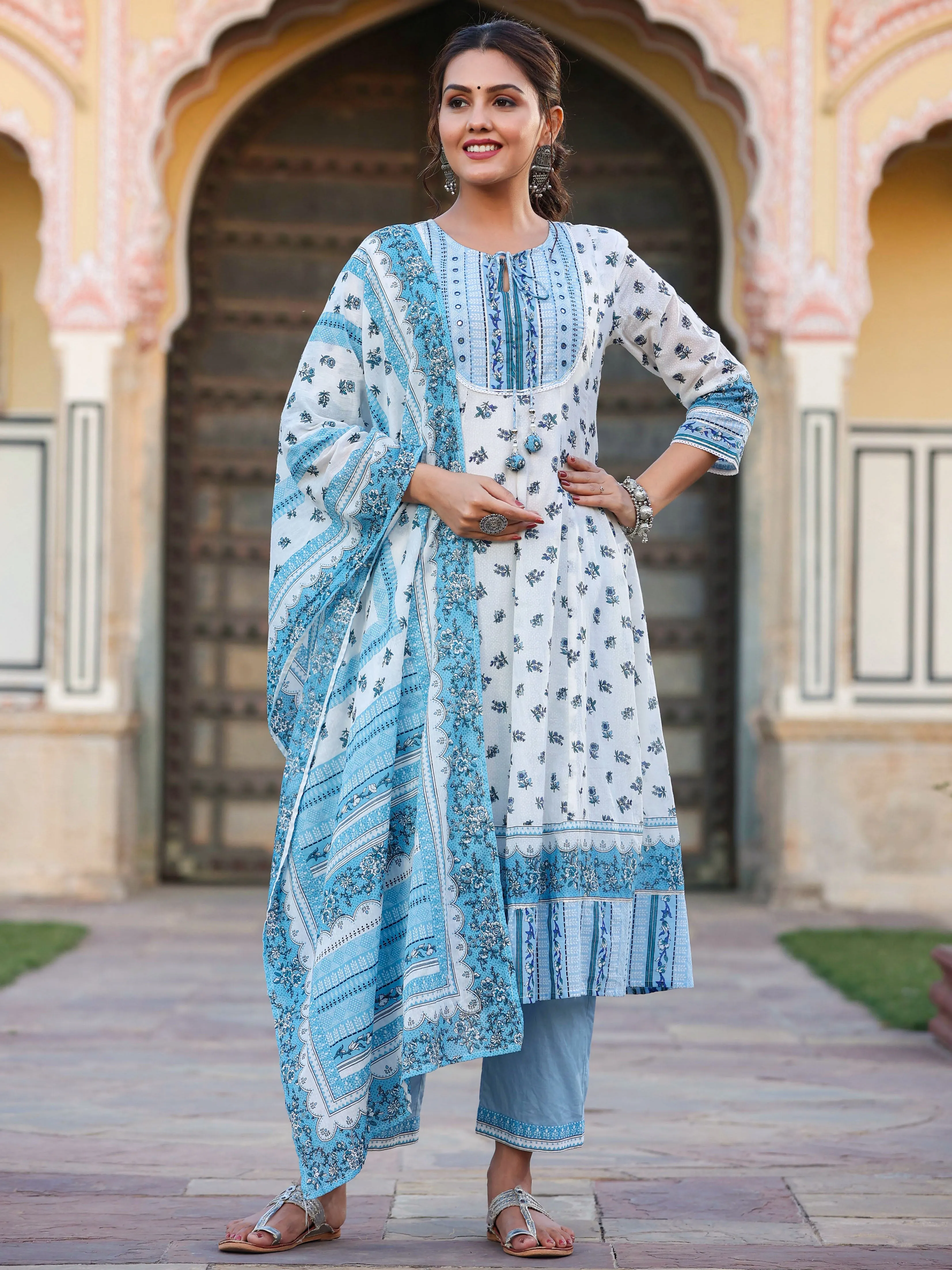 Jashvi White Floral Printed Cotton Voile Kurta Pants & Dupatta Set With Sequins Work