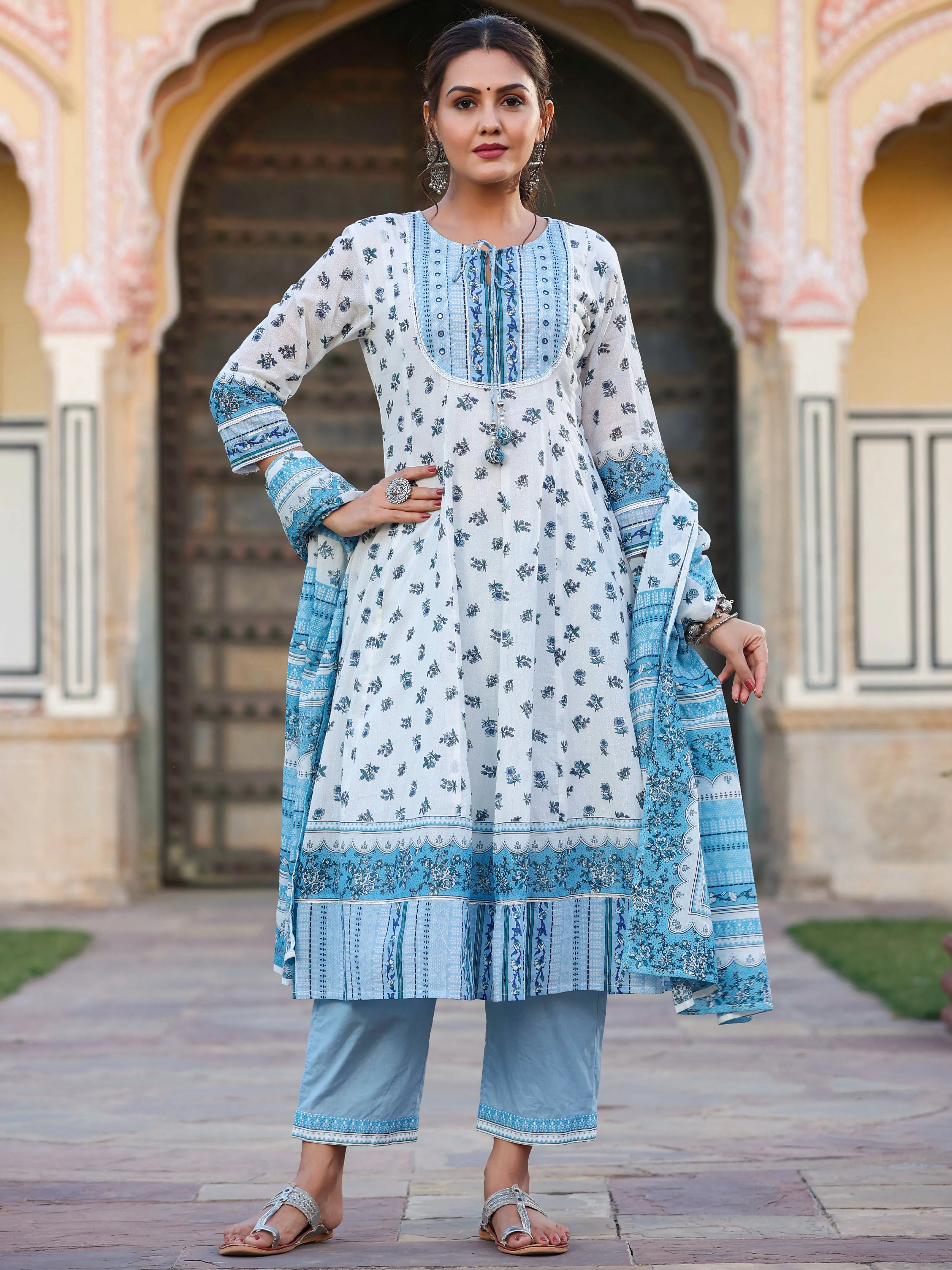 Jashvi White Floral Printed Cotton Voile Kurta Pants & Dupatta Set With Sequins Work