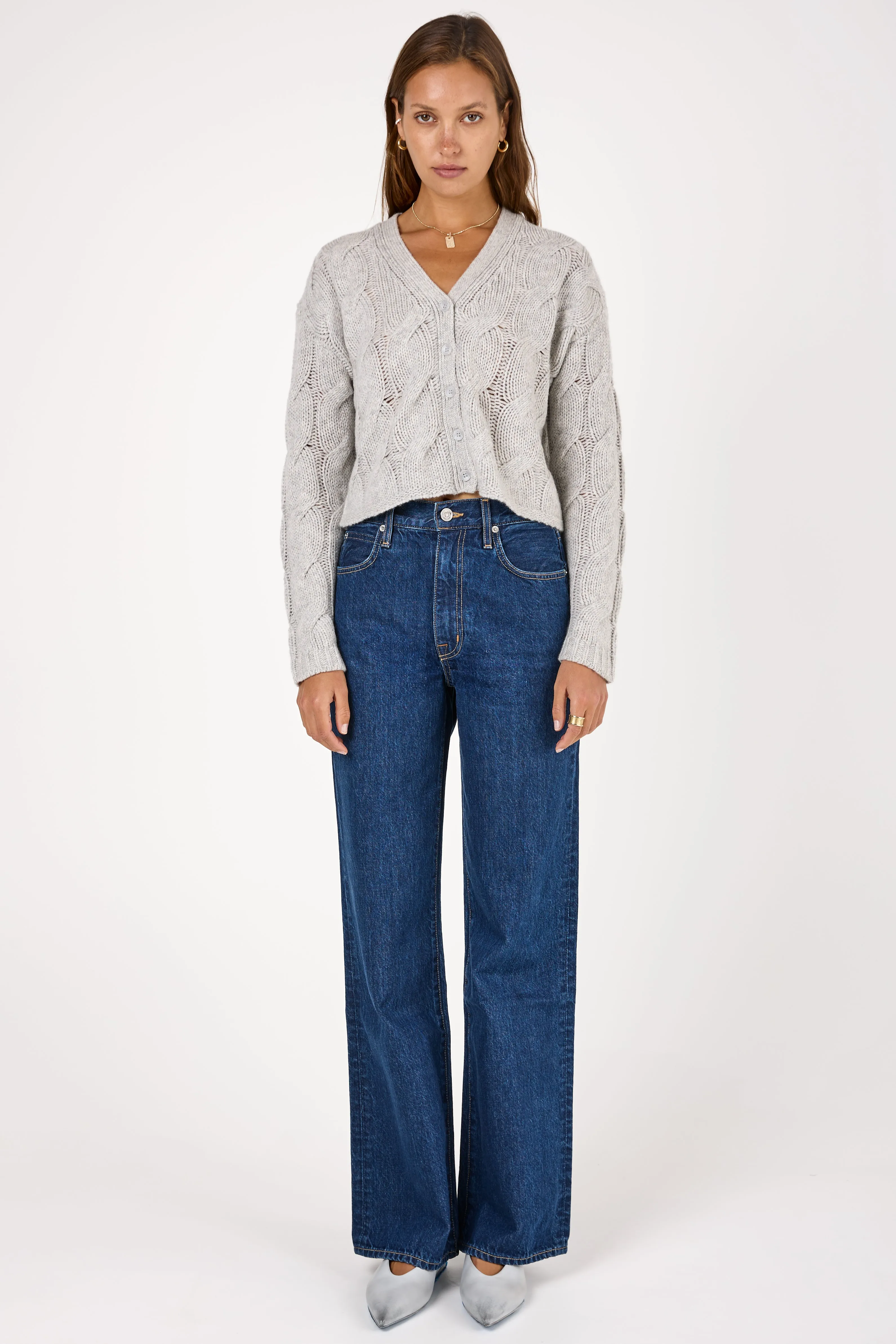 Jolie Cropped Cashmere Cable Cardigan in Foggy