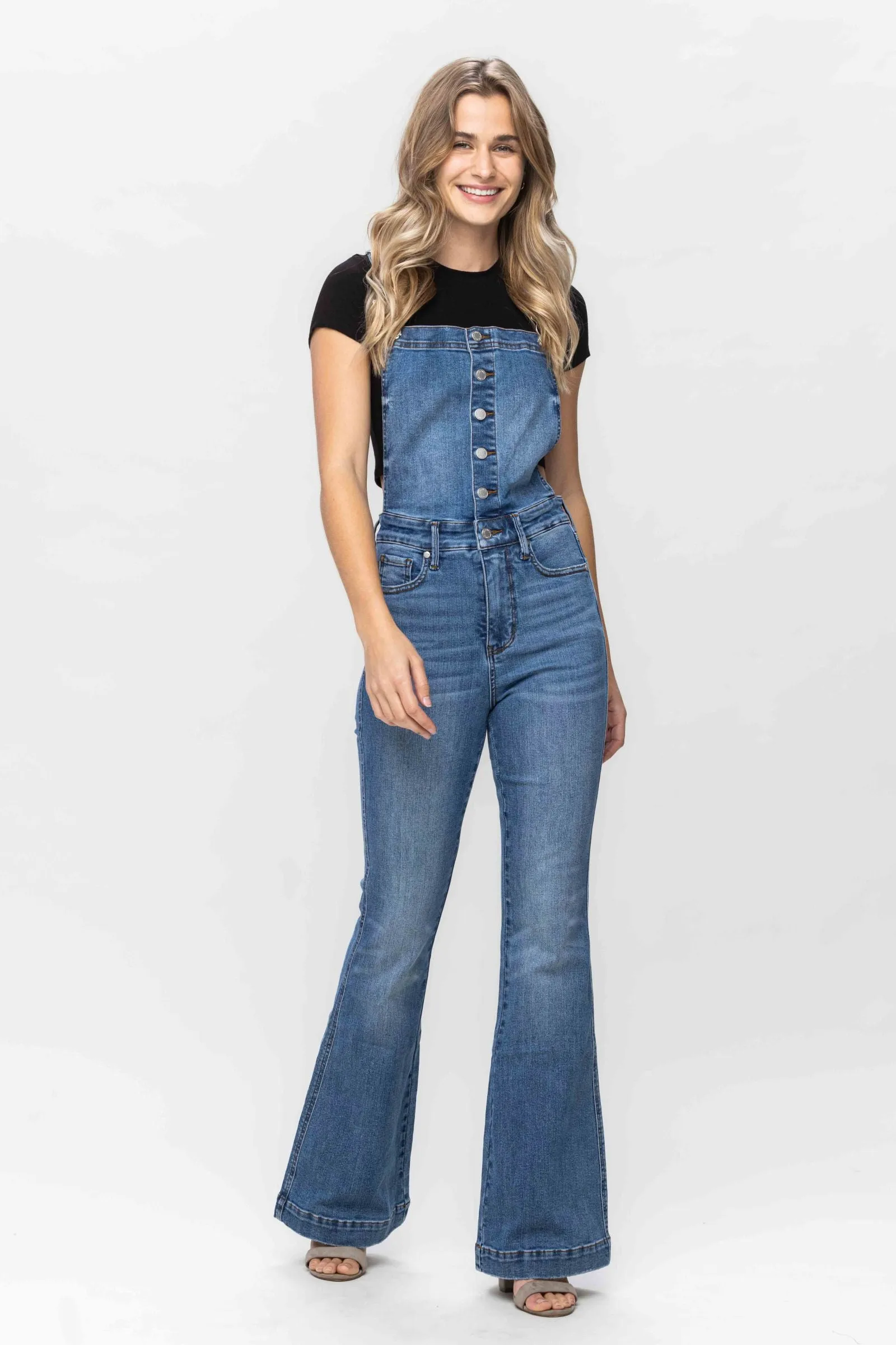 Judy Blue High Waist Tummy Control Top Flare Overall Denim 88614