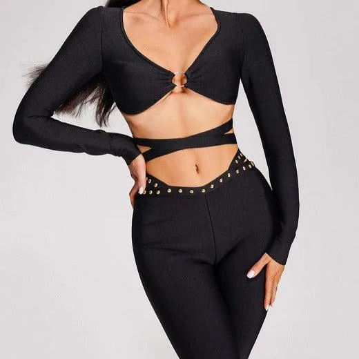 KittenAlarm - Miley Long Sleeve O Ring Embellishment Top & Flared Pants Set