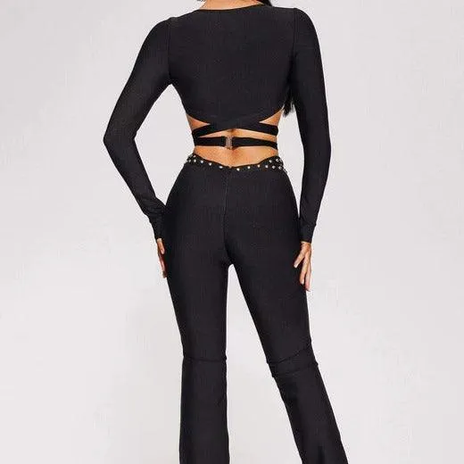 KittenAlarm - Miley Long Sleeve O Ring Embellishment Top & Flared Pants Set