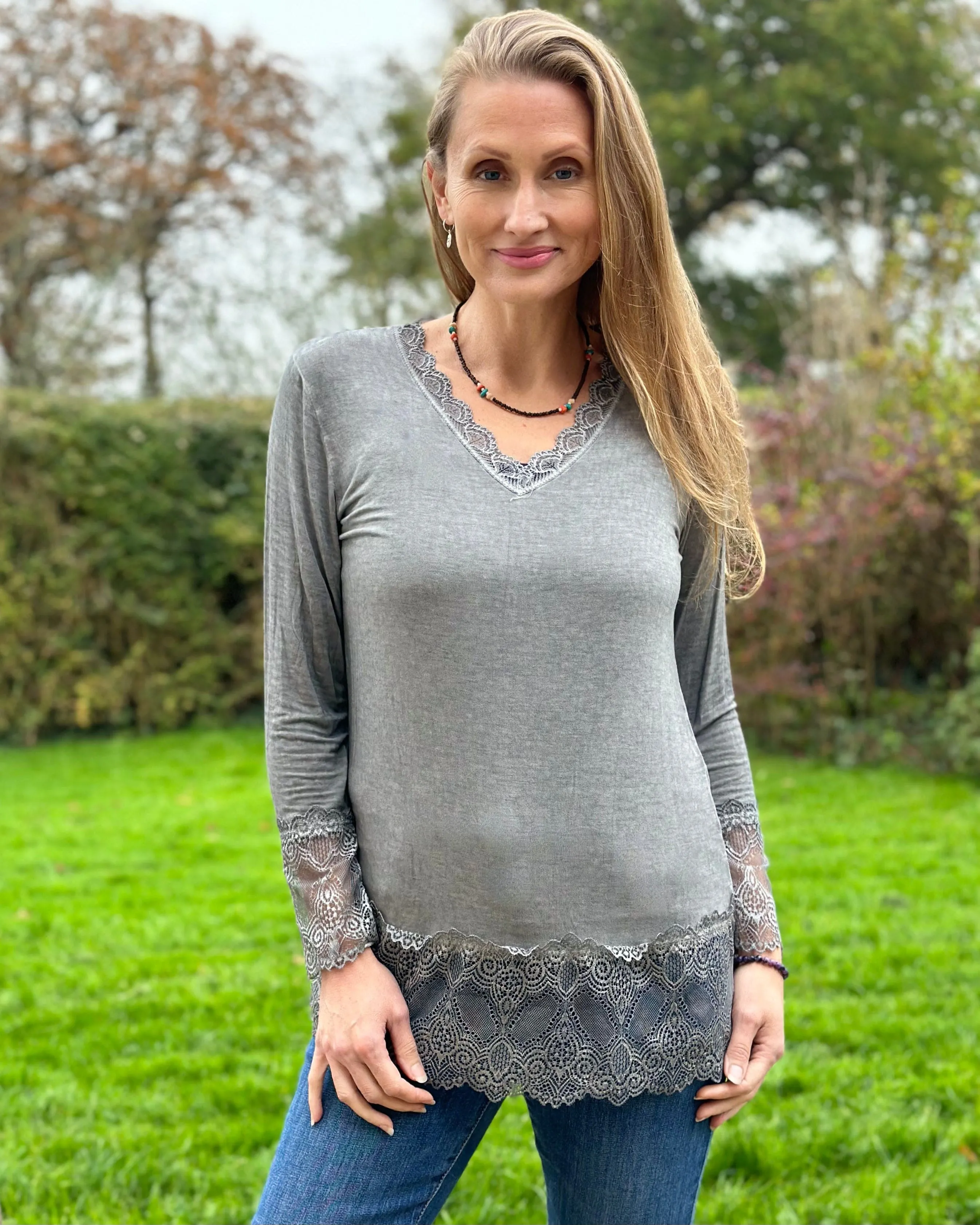 Lace Detail Long Sleeved Top - Grey