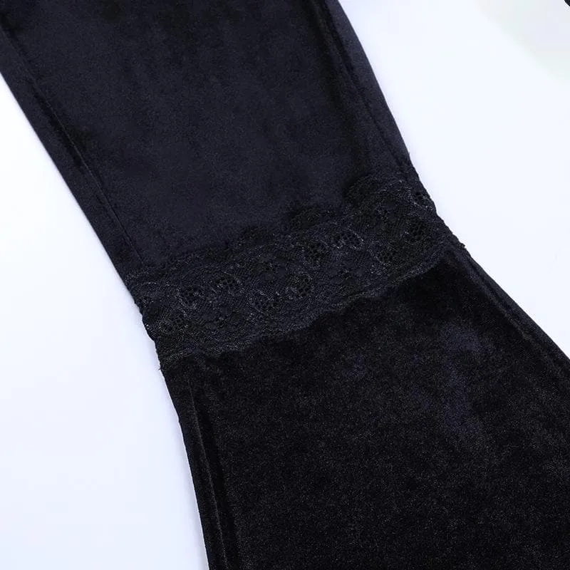 Lace hem velvet solid flared pant