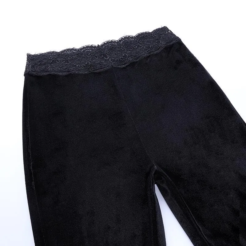 Lace hem velvet solid flared pant