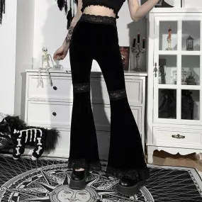 Lace hem velvet solid flared pant