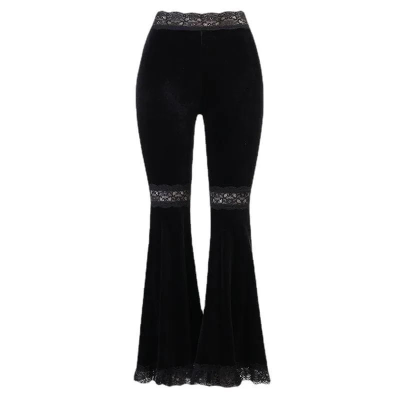 Lace hem velvet solid flared pant