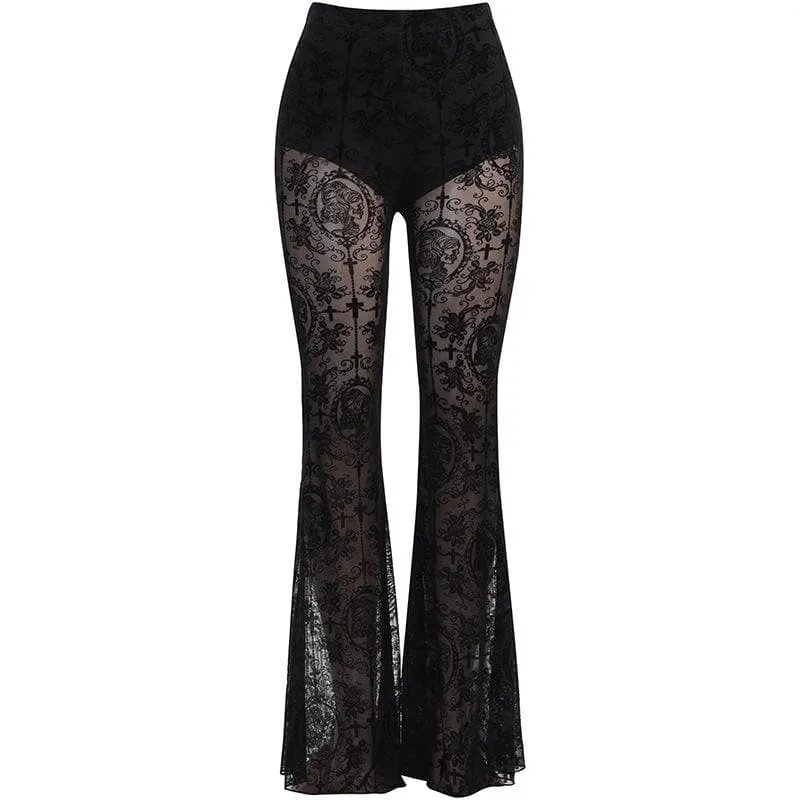 Lace solid high rise textured flared pant