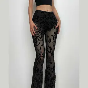 Lace solid high rise textured flared pant