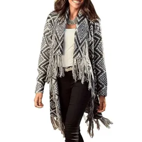 LASCANA Wool Geometric Blanket Cardigan in Black & Grey XS