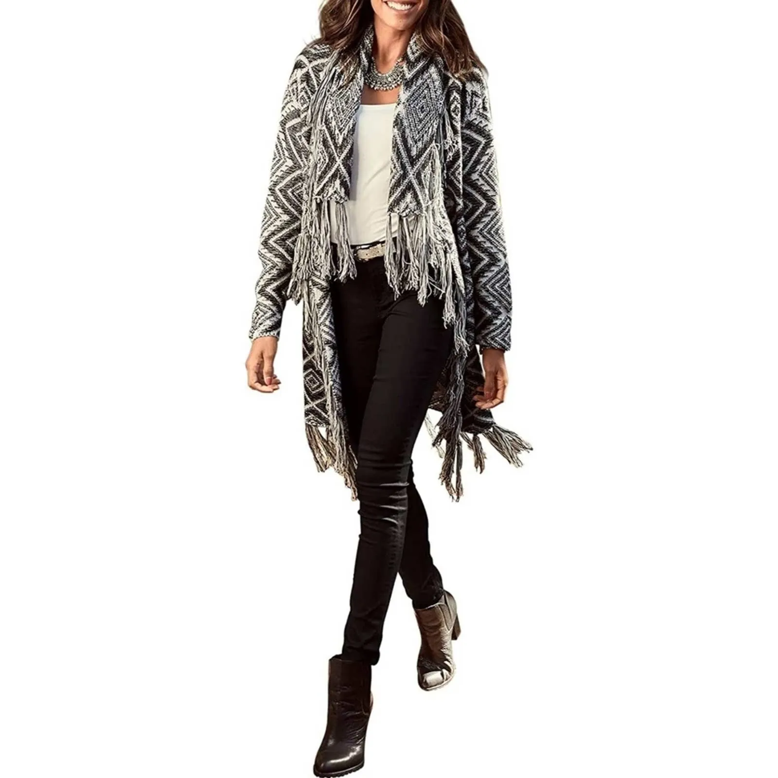 LASCANA Wool Geometric Blanket Cardigan in Black & Grey XS