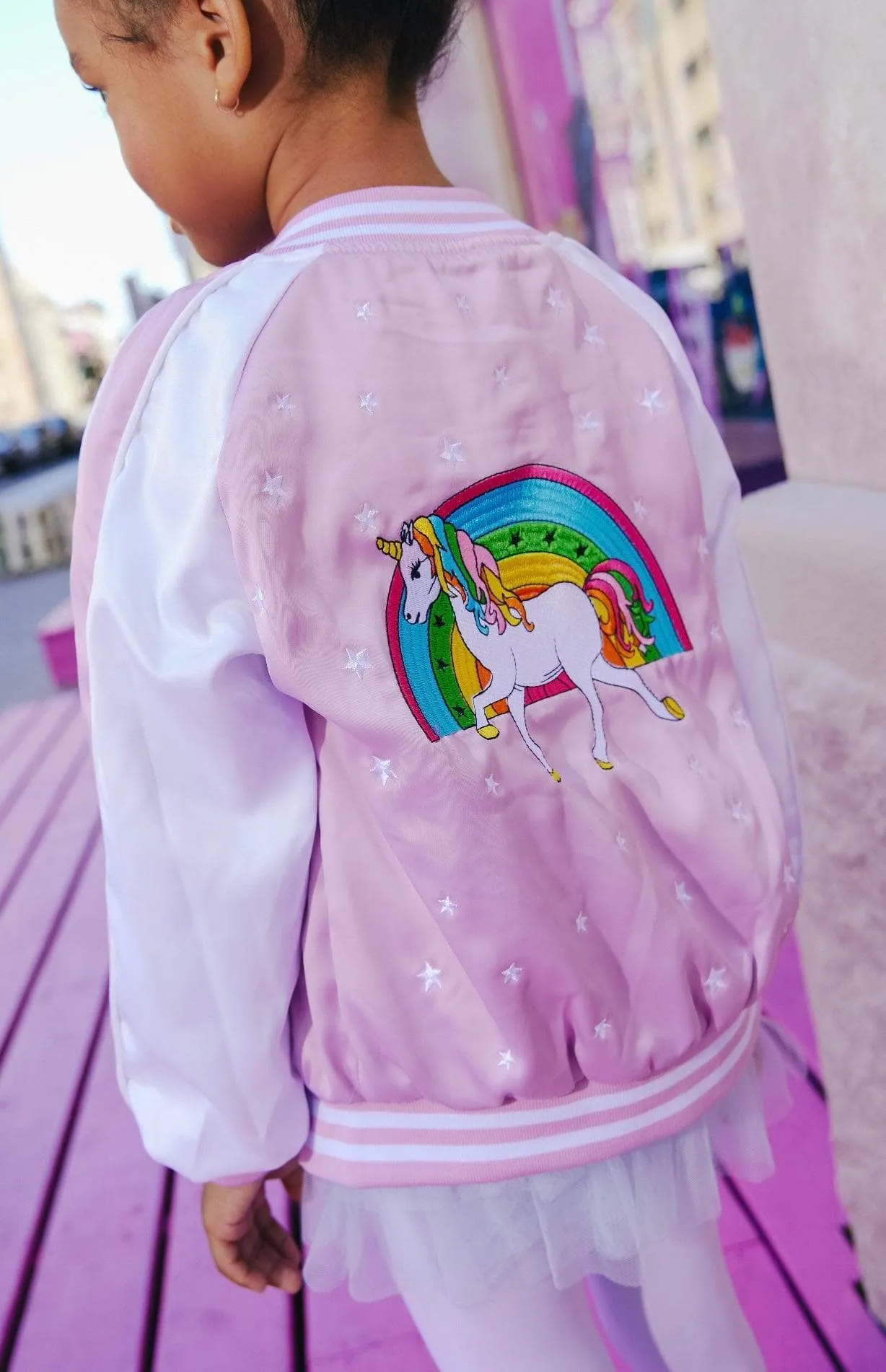 Lavender Unicorn Stars Satin Bomber