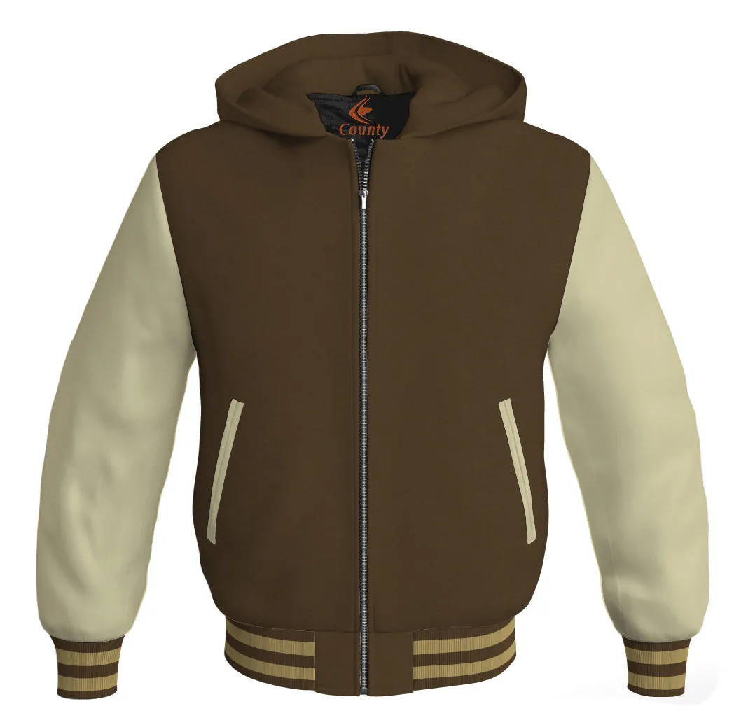 Letterman Hoodie Brown Body and Cream Leather Sleeves Bomber Jacket