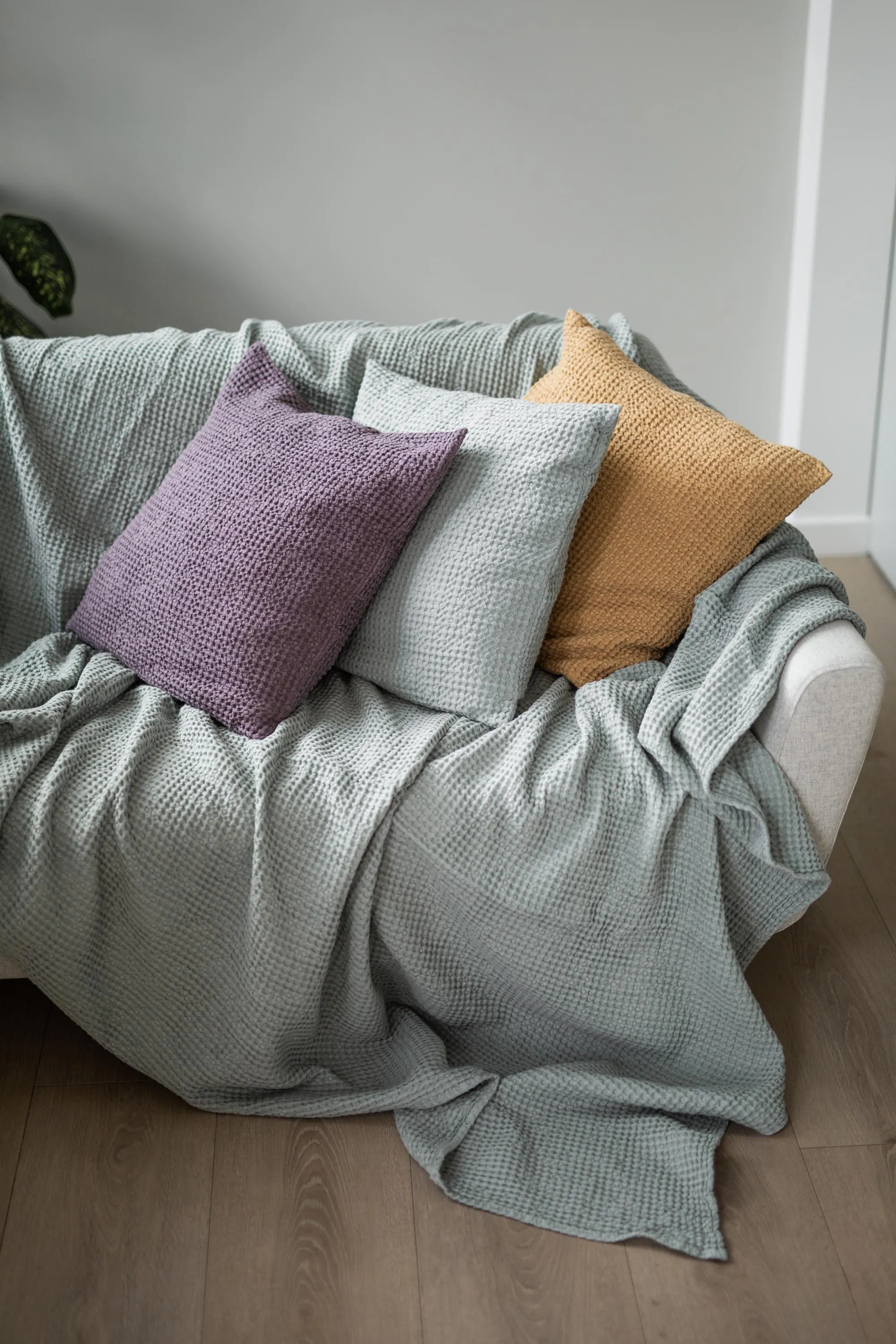 Linen waffle blanket in Sage Green by AmourLinen