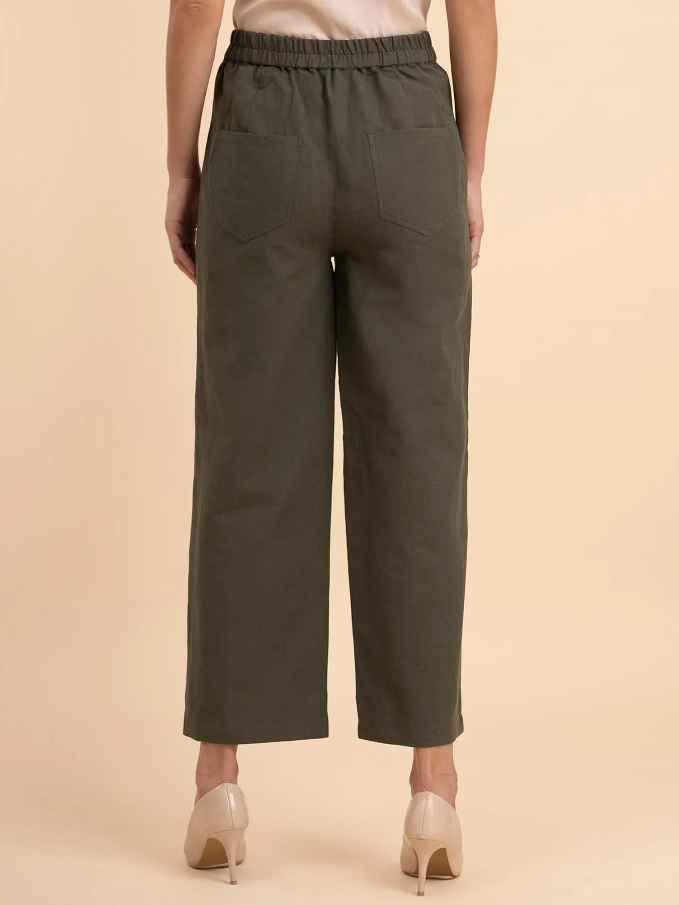 Linen Wide-Leg Trousers - Olive Green