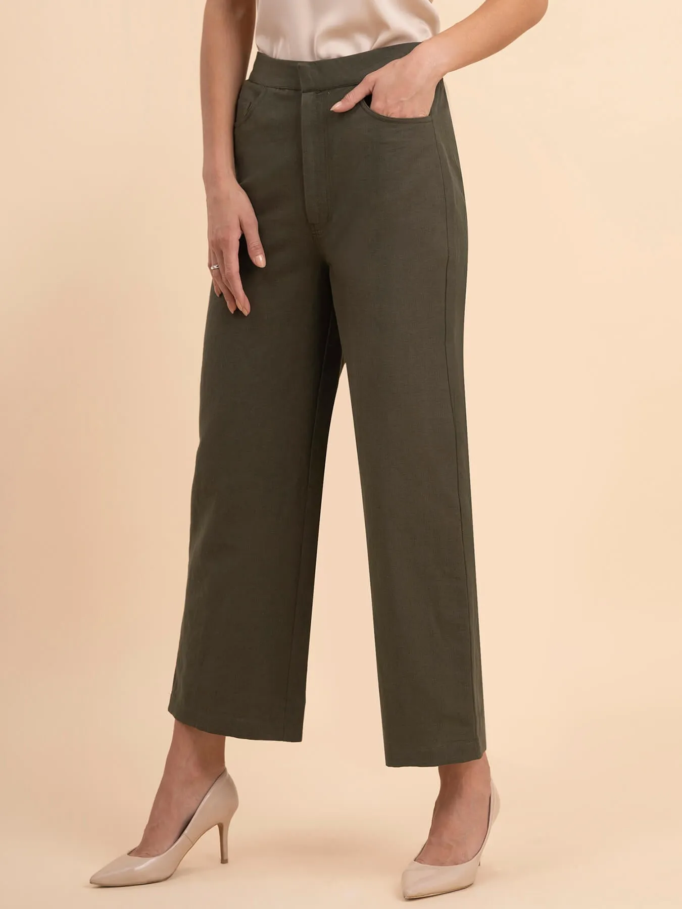 Linen Wide-Leg Trousers - Olive Green