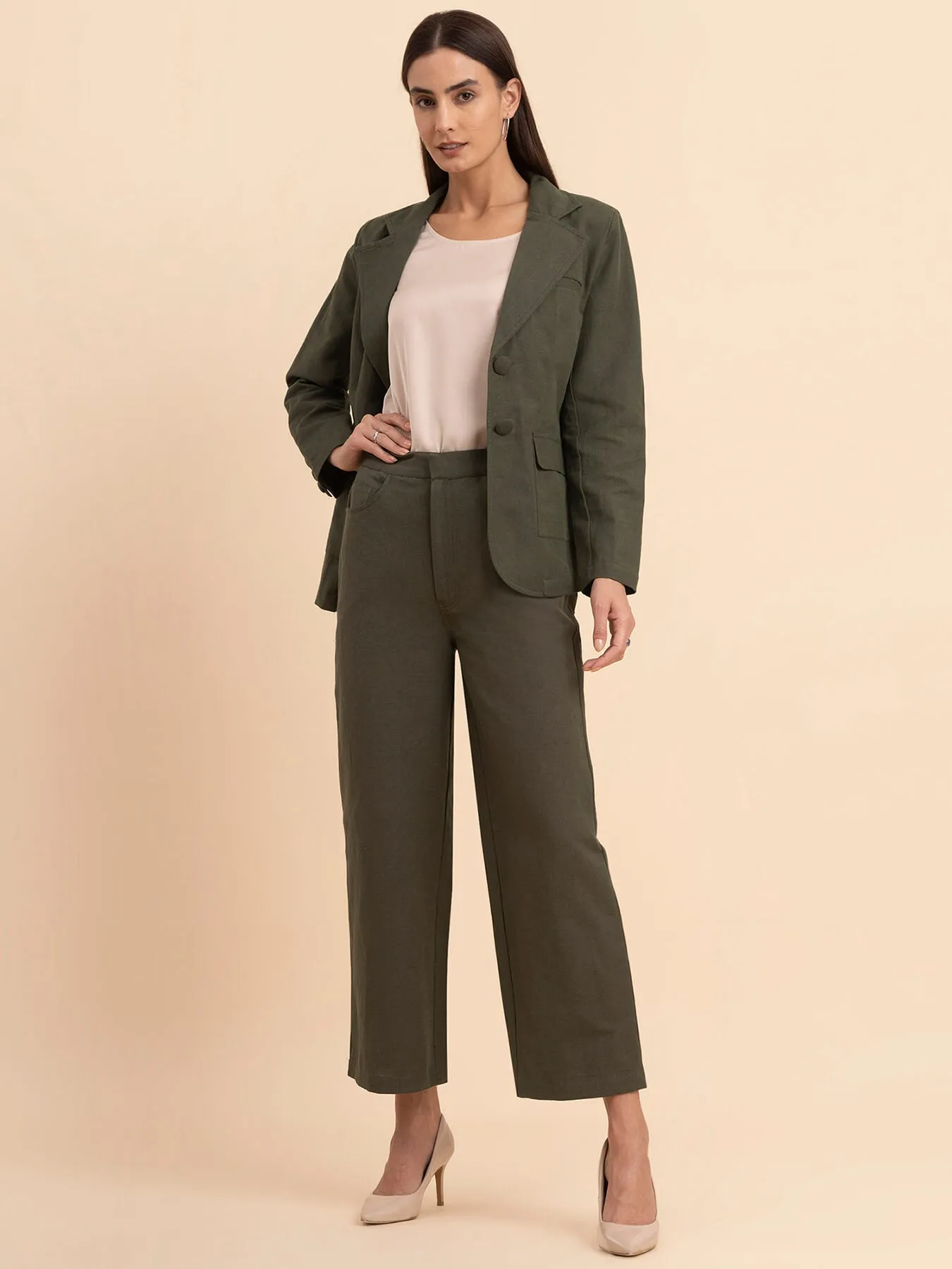 Linen Wide-Leg Trousers - Olive Green