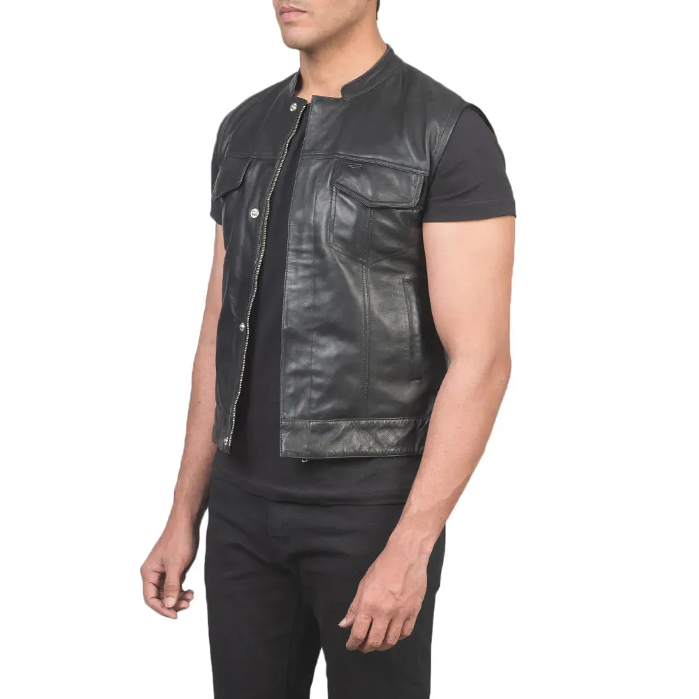 Mens Black Leather Biker Vest