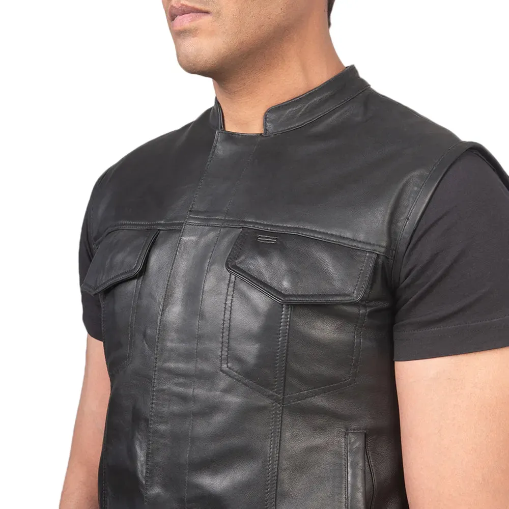 Mens Black Leather Biker Vest