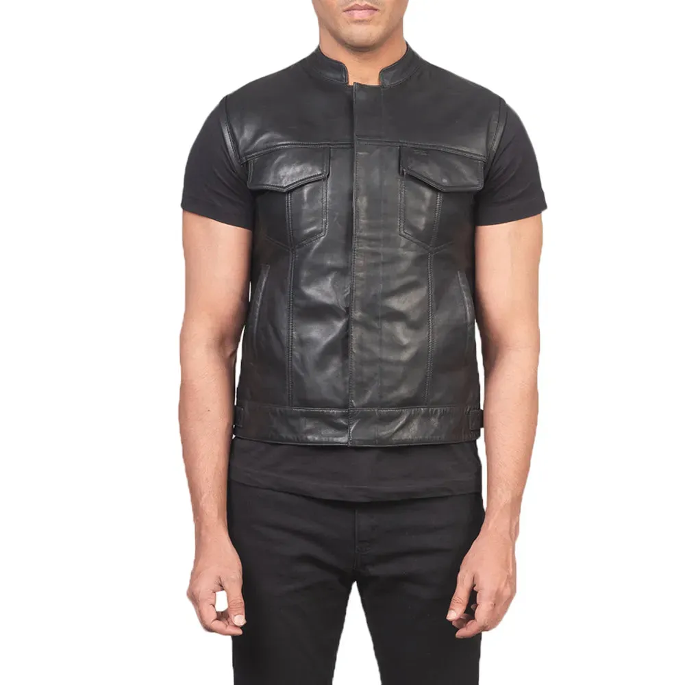 Mens Black Leather Biker Vest