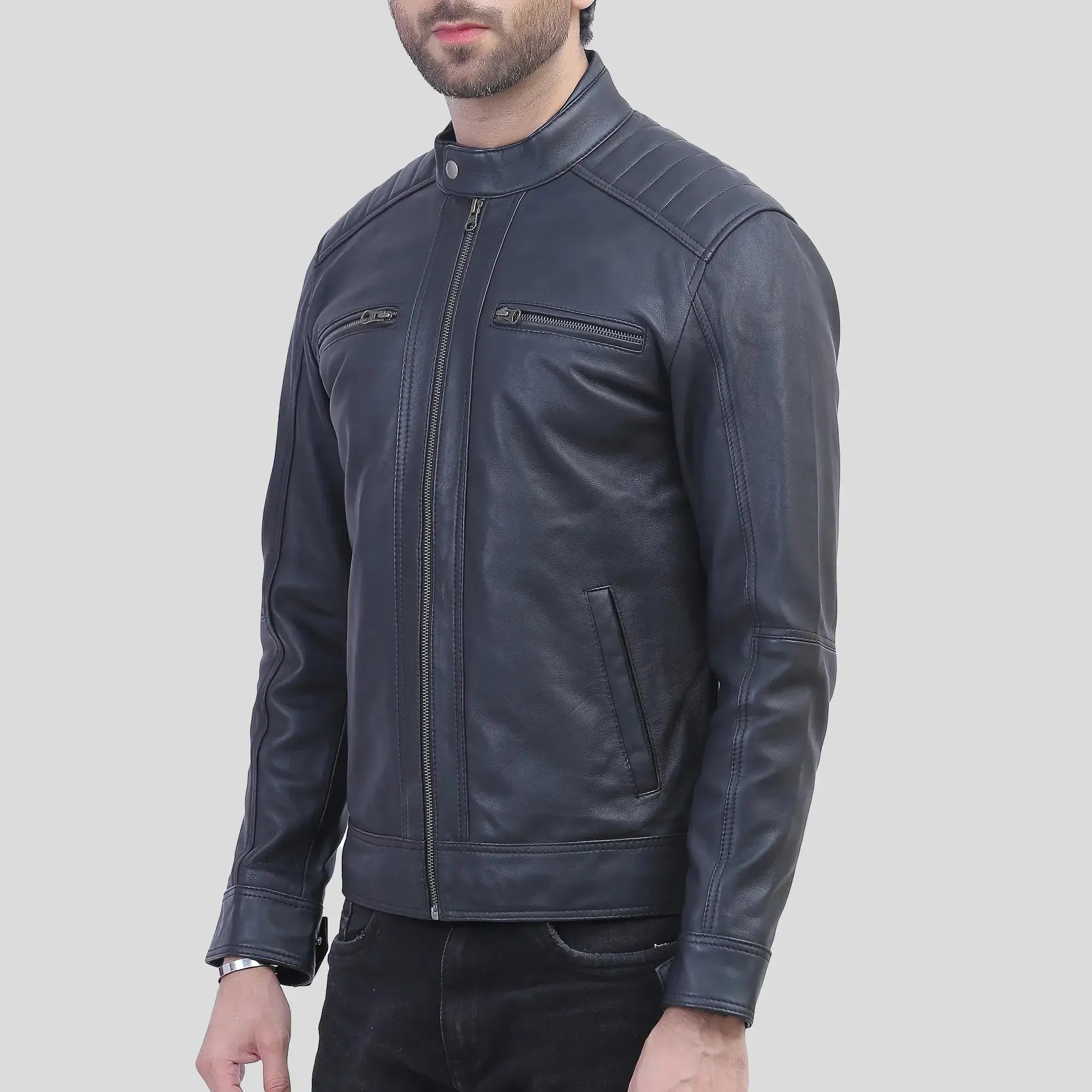 Mens Black Quilted Shoulder Distressed Leather Jacket