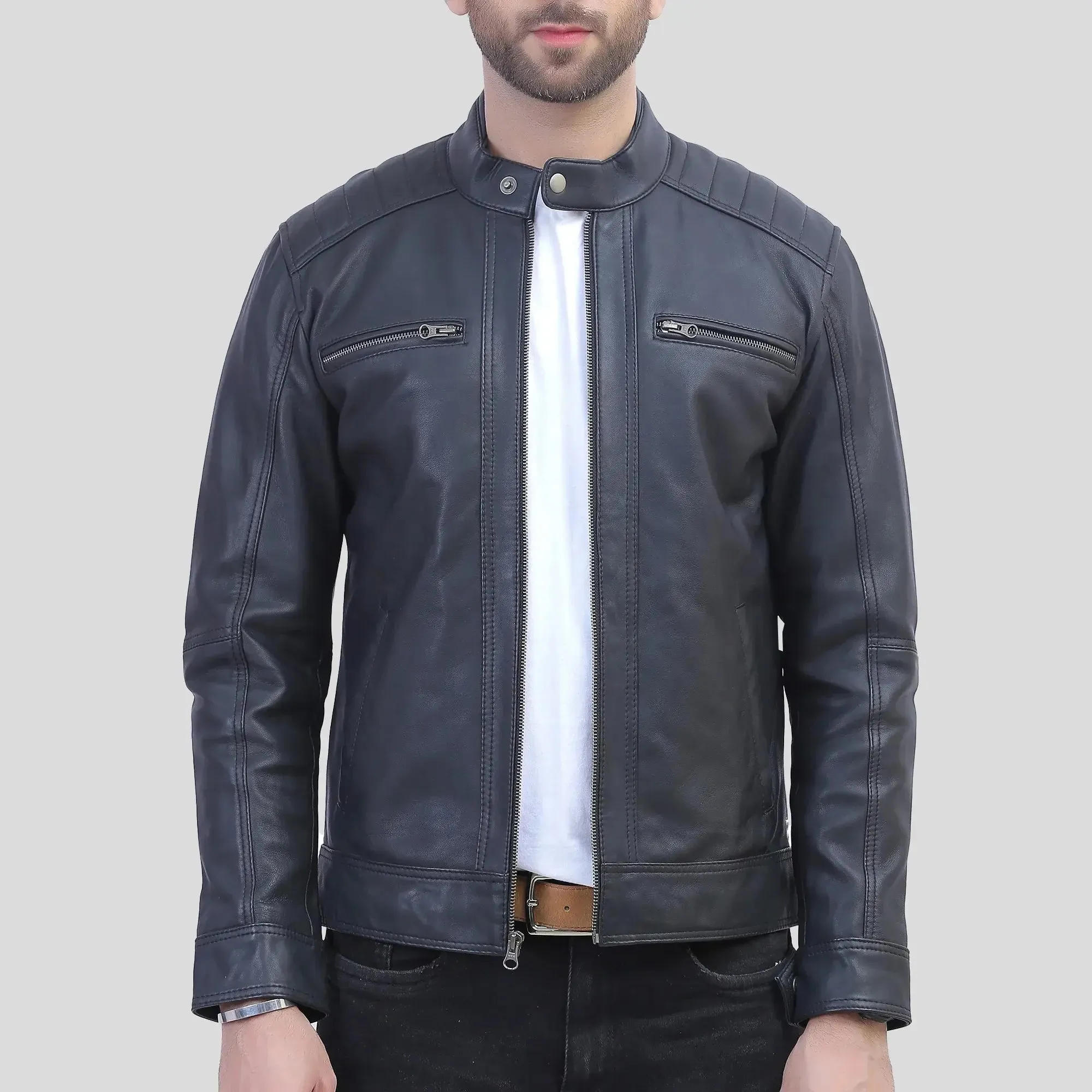 Mens Black Quilted Shoulder Distressed Leather Jacket