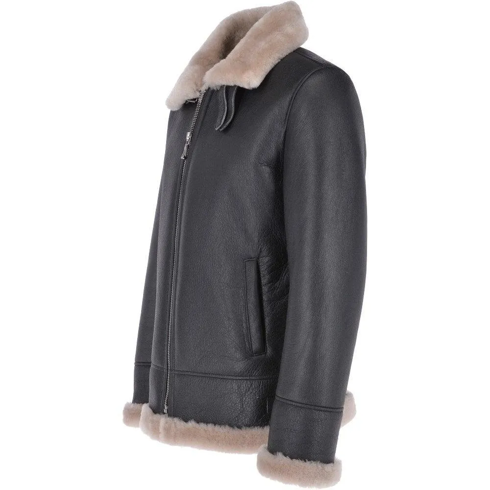 Men's Classic Brown Shearling Black Leather Bomber Jacket