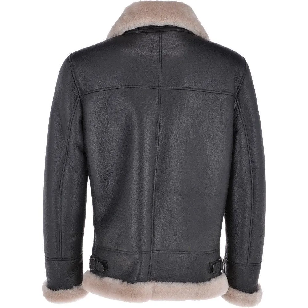 Men's Classic Brown Shearling Black Leather Bomber Jacket