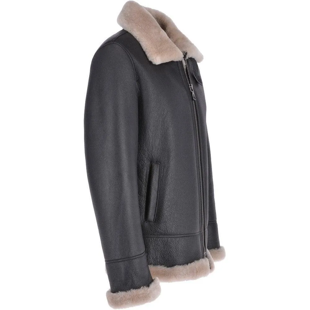 Men's Classic Brown Shearling Black Leather Bomber Jacket