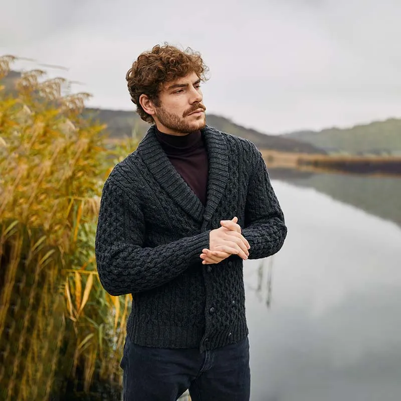 Mens Irish Aran Roll Collar Cardigan